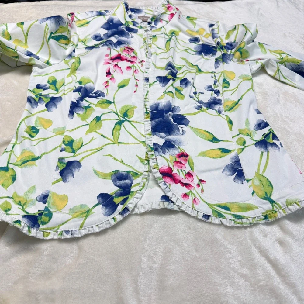 Chicos Size‎ 1 M Floral Ruffle Trim Open Front Jacket White Blue Pink Green